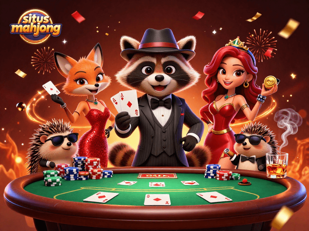 Join the fun at situs mahjong with a raccoon holding a royal flush and a glamorous companion at the poker table.