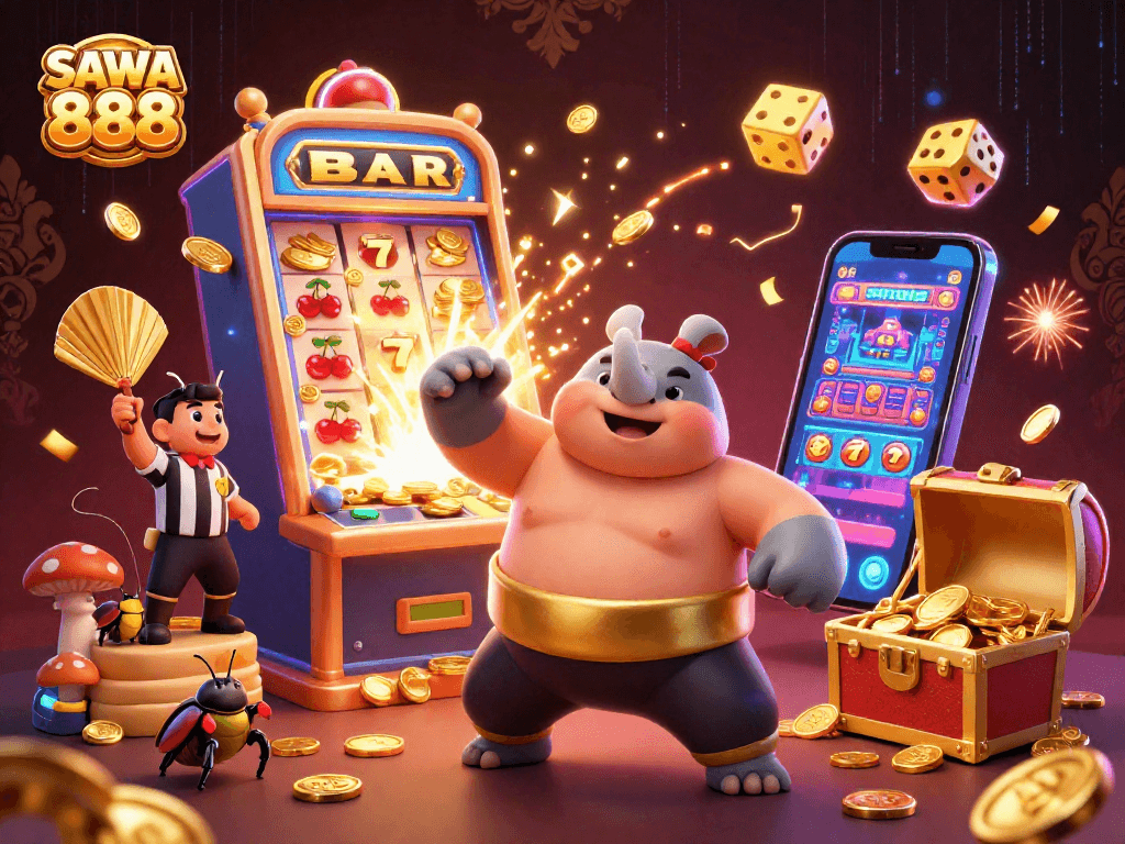 Experience the excitement at SAWA 888 with a vibrant slot machine and dynamic casino action.