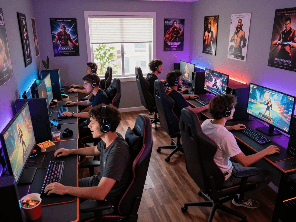 Exciting gaming room scene with players enjoying real porn games on high-resolution monitors, showcasing diverse setups and immersive atmosphere.