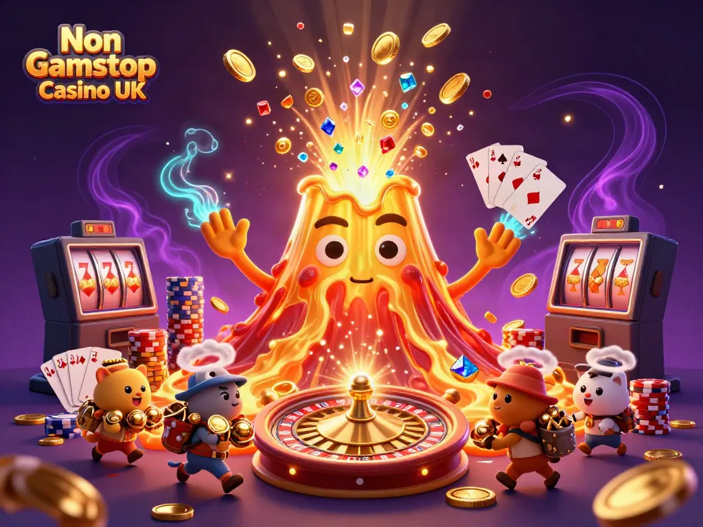 Experience the thrill of Non Gamstop Casino UK with our vibrant, dynamic 3D illustration filled with excitement and treasure.