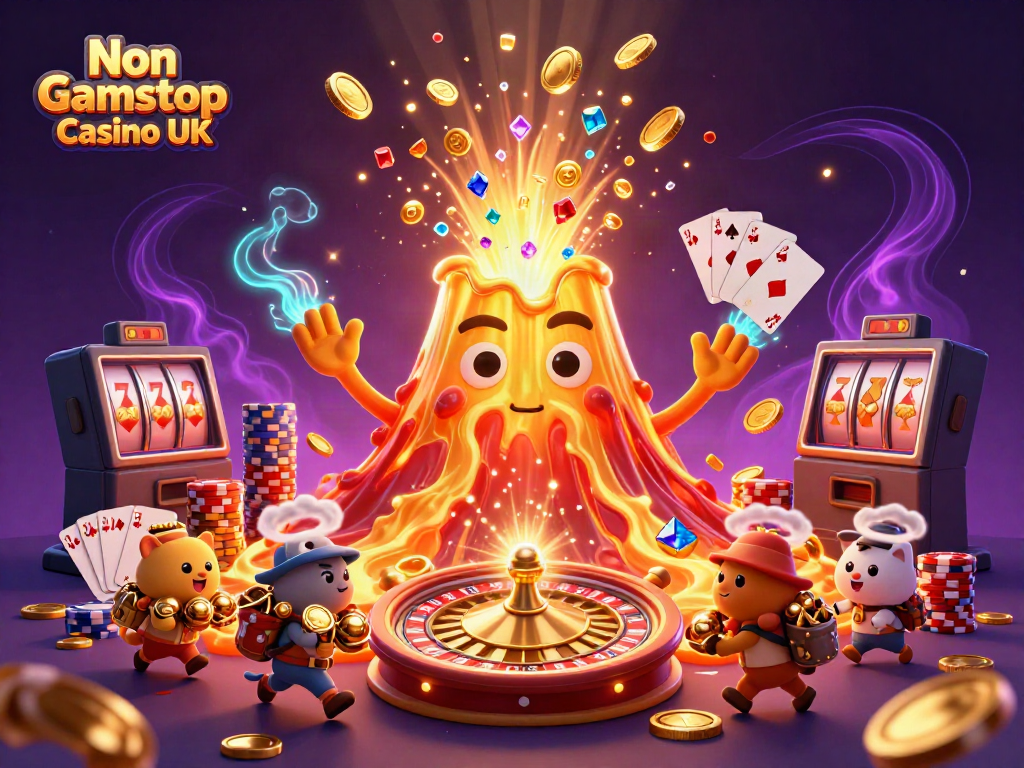 Experience the thrill of Non Gamstop Casino UK with our vibrant, dynamic 3D illustration filled with excitement and treasure.