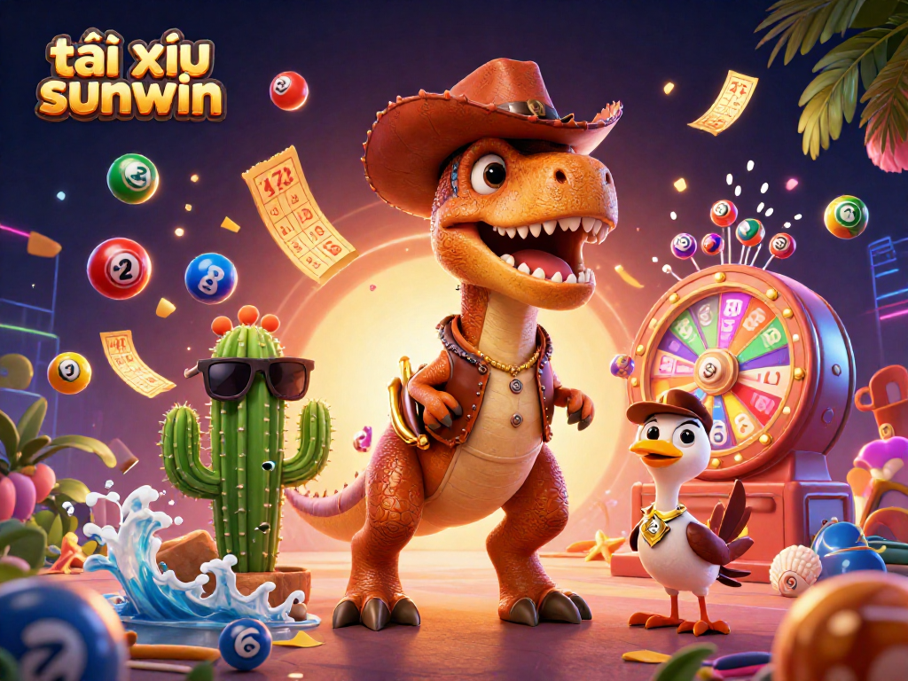 Engage with thrilling tài xỉu sunwin action featuring a cowboy T-Rex and friends amidst vibrant casino elements.