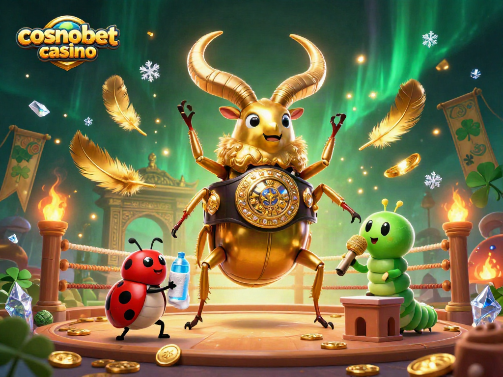Engage with cosmobet casino in this vivid illustration of a grand gaming showdown featuring a golden stag beetle and friends.