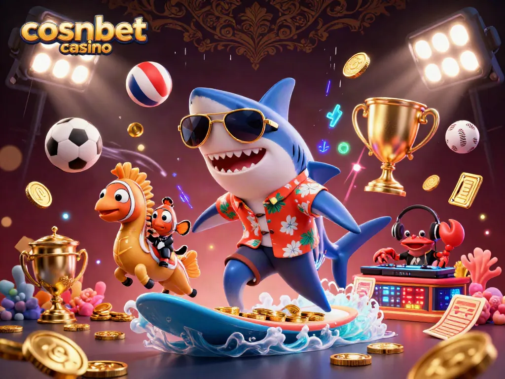 Experience the thrill of cosmobet casino with lively characters surfing on gold coins.