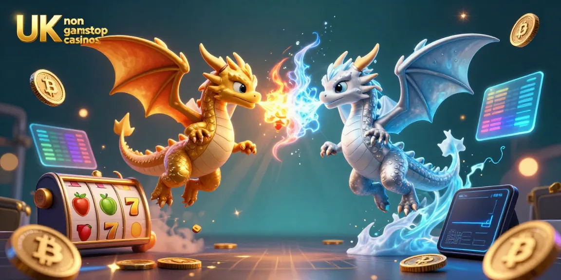 Engage in thrilling gaming with UK non gamstop casinos, where gold and silver dragons soar amidst vibrant slot reels.