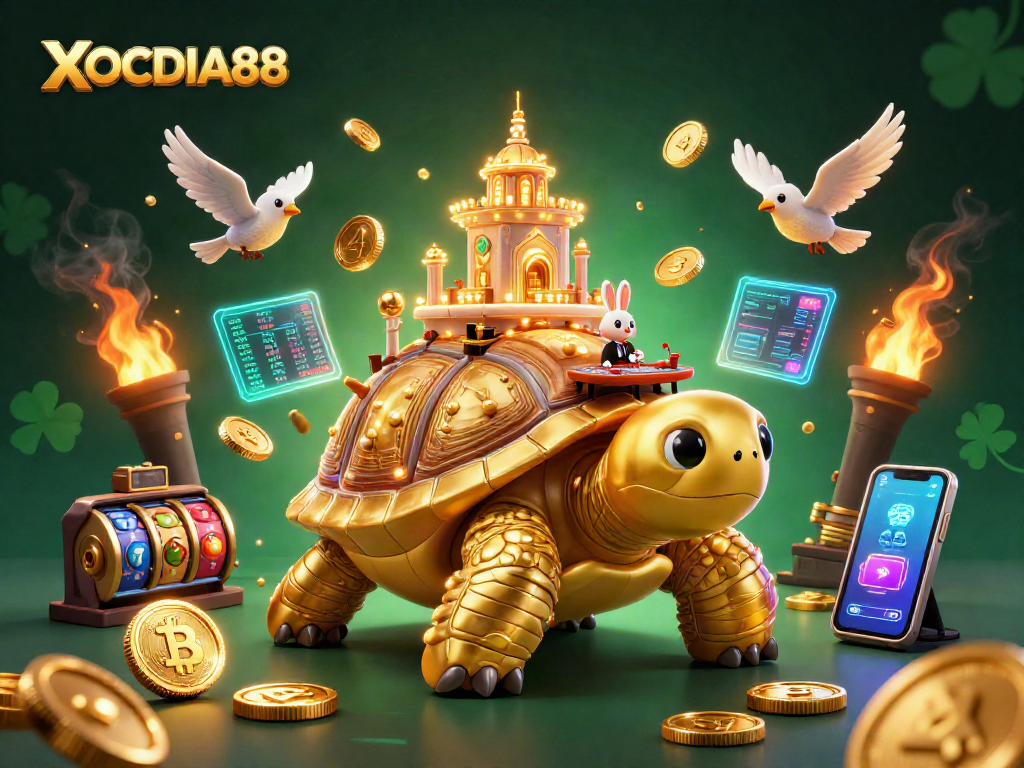 Play games at XOCDIA88 with vibrant 3D cartoon characters and glowing crypto elements in action.