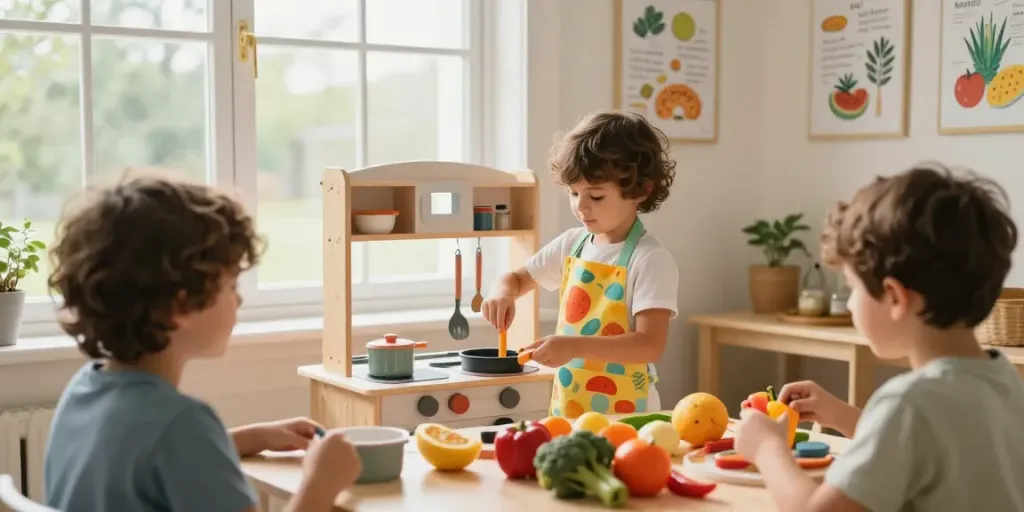 A child playing with a colourful toy kitchen set, surrounded by friends and vibrant pretend food, capturing the essence of imaginative play.