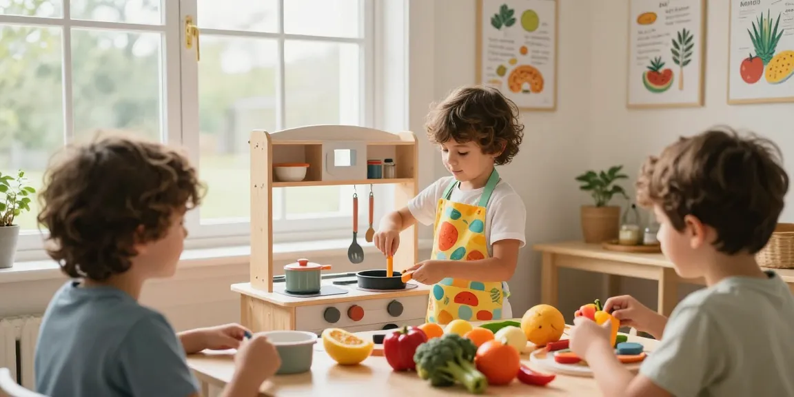 A child playing with a colourful toy kitchen set, surrounded by friends and vibrant pretend food, capturing the essence of imaginative play.