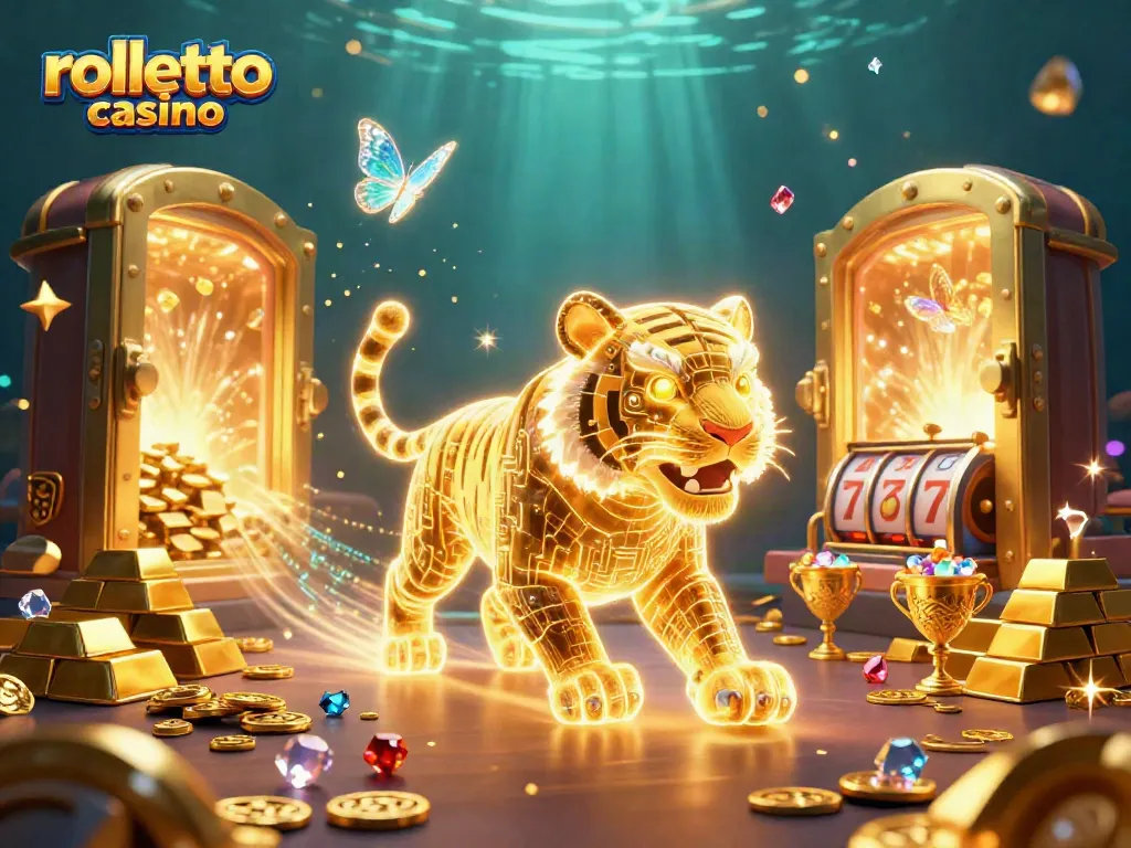 Experience the thrill of rolletto casino with a neon tiger and dazzling treasures in a vibrant digital world.