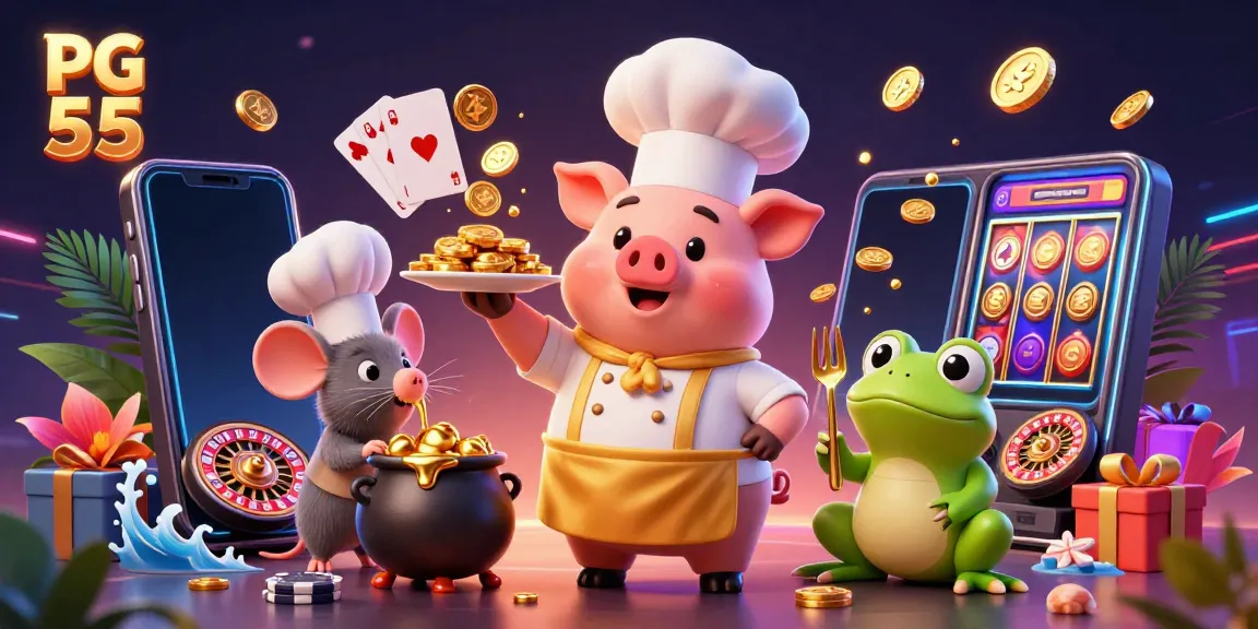 Engage with PG 55 as a chef pig serves gold coins in a vibrant casino-themed illustration.