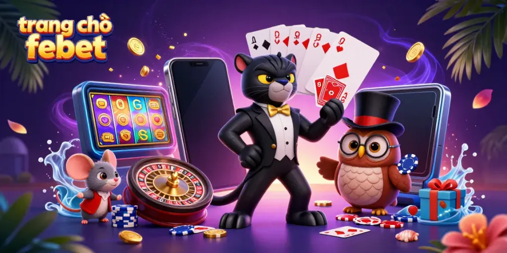 Experience high-energy gaming action at trang chủ febet with our vibrant 3D casino illustration featuring card games and casino elements.