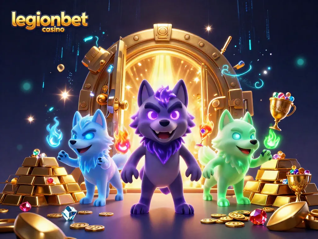 Play exciting games at legionbet casino with vibrant visuals of treasure and ghostly wolves.