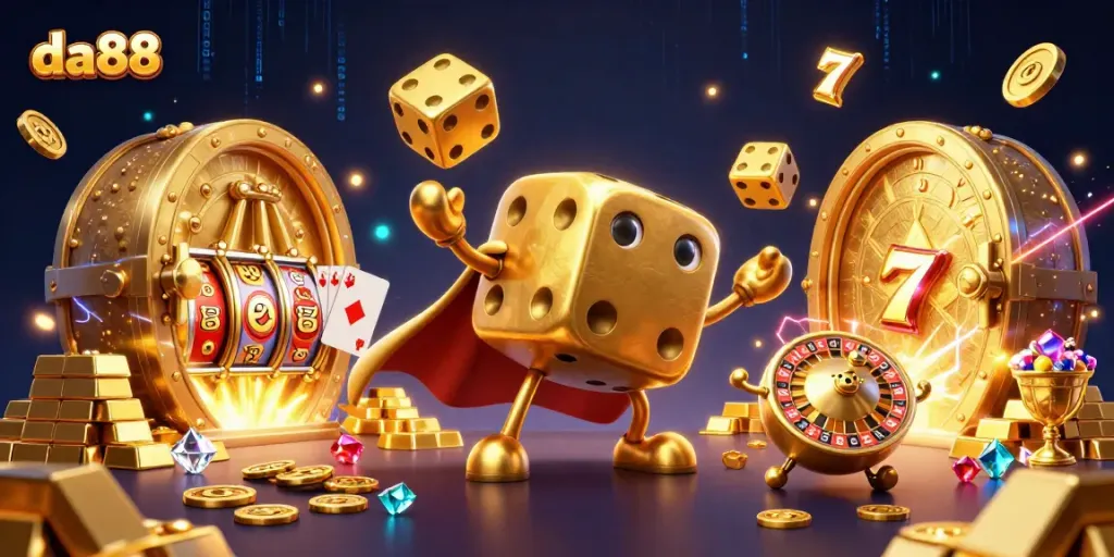 Engage with da88's thrilling experience through a vibrant illustration of golden dice and casino elements.