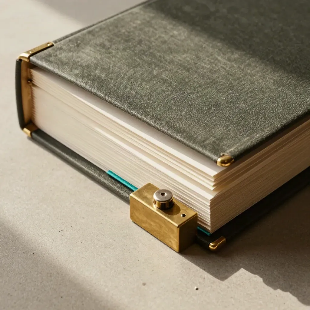 Top-down still life of binder, paper stacks and brass weight on a khaki concrete surface.