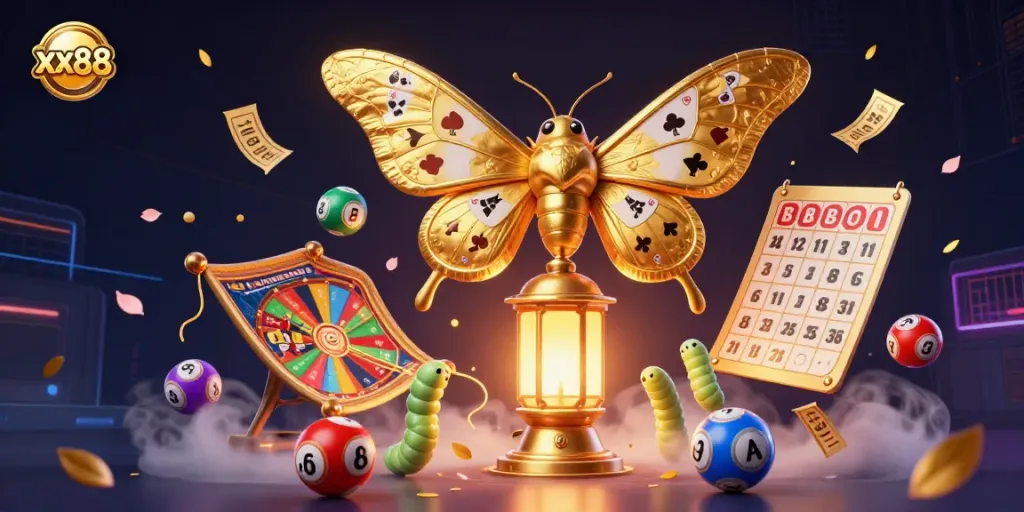 Win big with xx88 amidst dynamic casino-themed 3D visuals featuring a vibrant atlas moth and lottery elements.