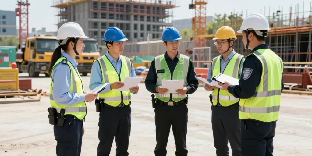 Construction Site Security: Trusted provider monitoring activity on a job site with professional contractors.
