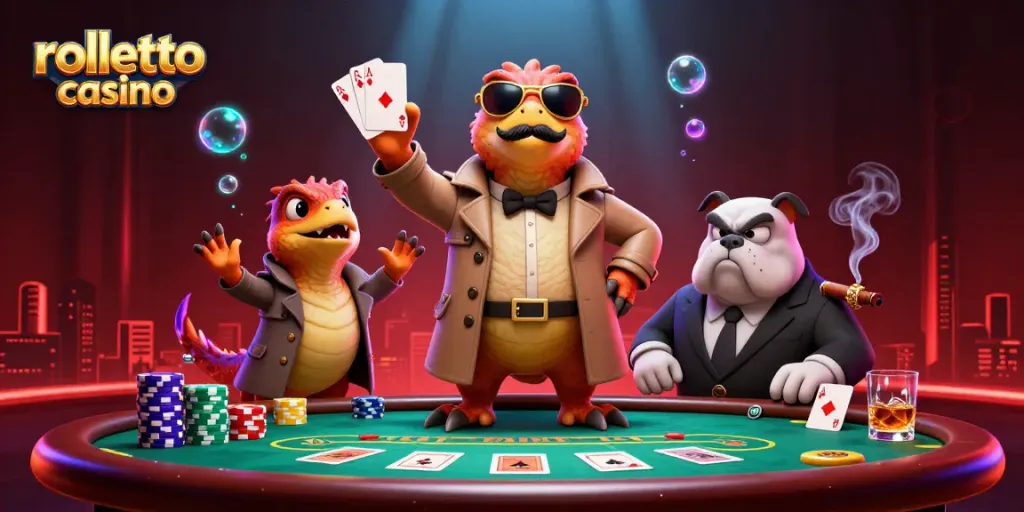 Experience thrilling poker action at rolletto casino with playful raptors sneaking into the VIP area.