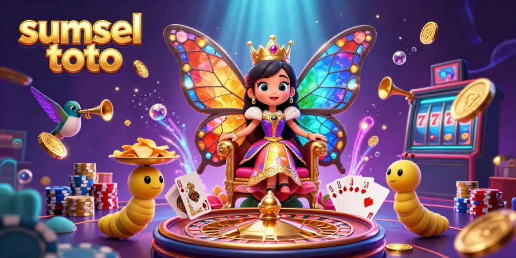 Experience the excitement of sumsel toto with a vibrant 3D casino illustration showcasing the magical butterfly queen and dynamic game elements.