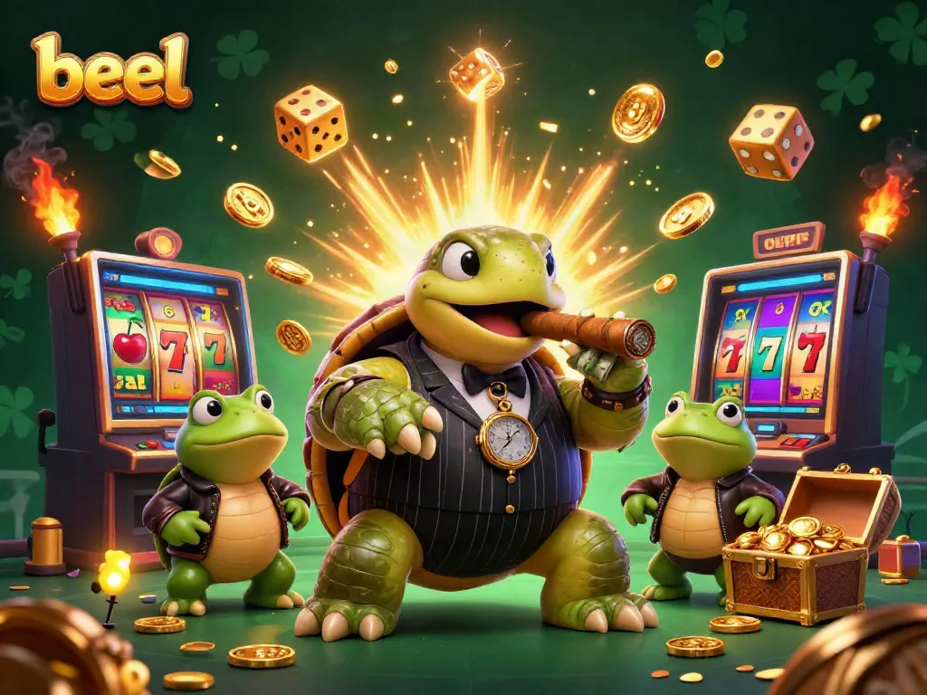 Experience the excitement of beel with a vibrant casino scene featuring a turtle in a suit, surrounded by slots and gold.
