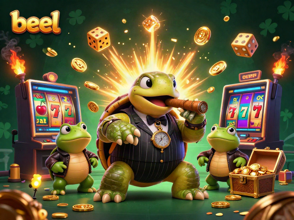 Experience the excitement of beel with a vibrant casino scene featuring a turtle in a suit, surrounded by slots and gold.