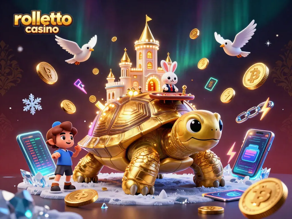 Experience thrilling gameplay at Rolletto Casino with a vibrant 3D illustration featuring a golden tortoise and rabbit dealer.