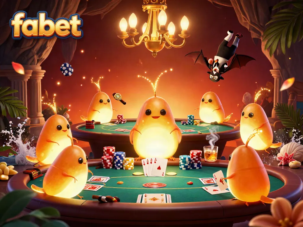 Engage in thrilling games at fabet casino, with vibrant glowworm lighting and poker action.