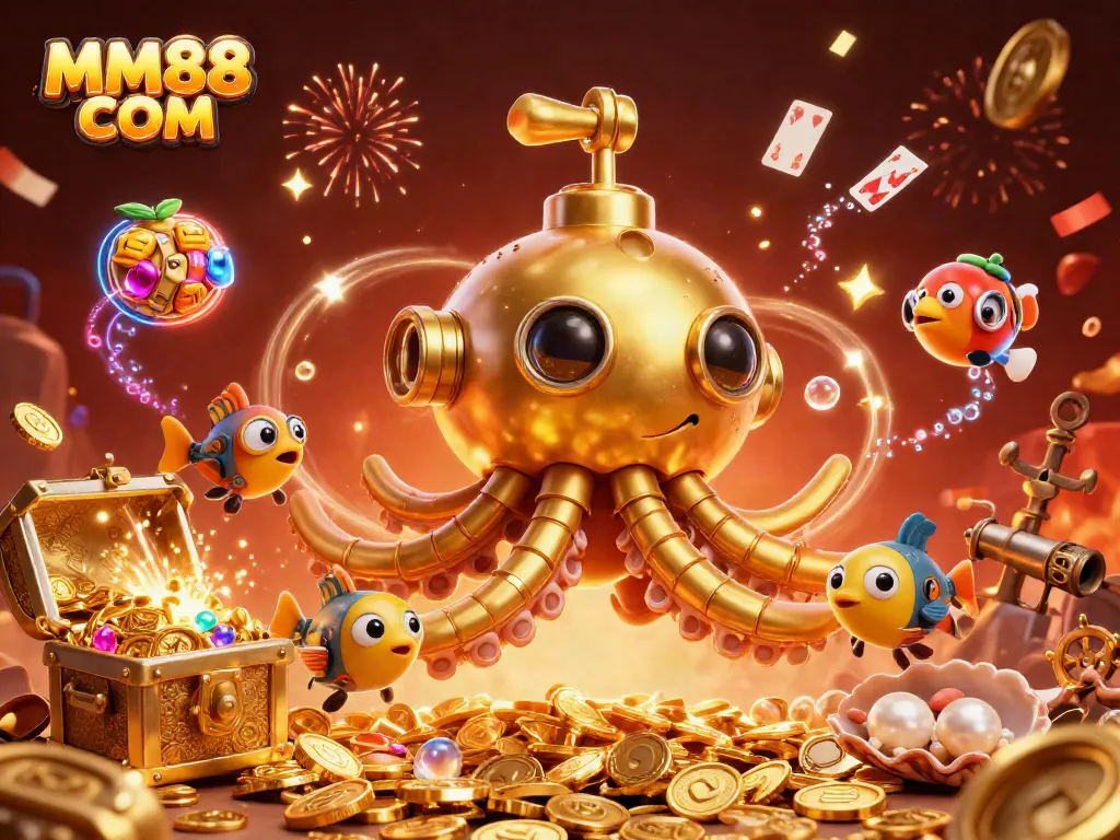 Engage in thrilling gameplay with MM88 COM, showcased by a golden kraken and treasure-filled underwater scene.