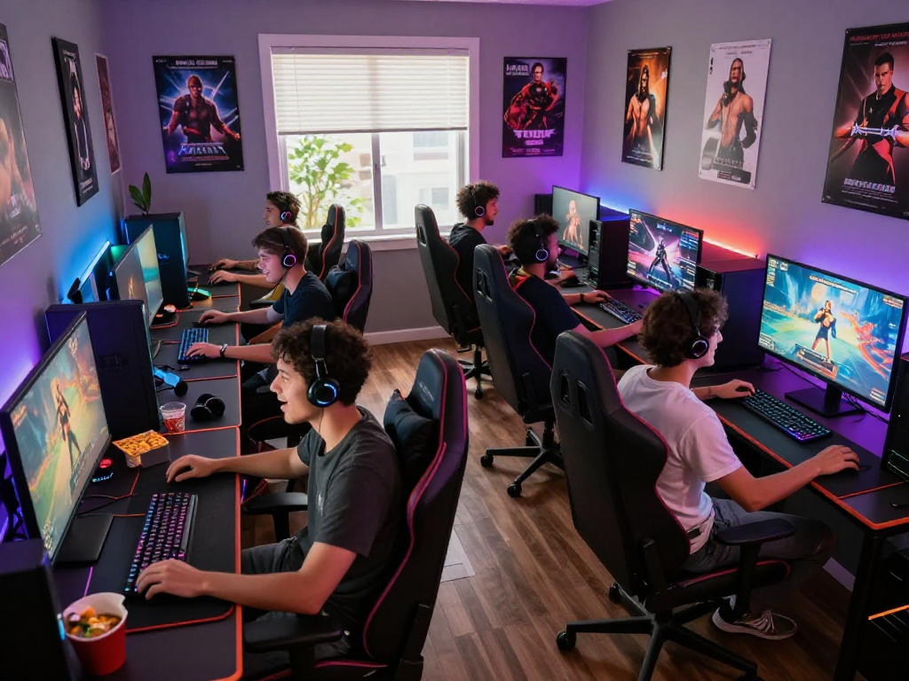 Exciting gaming room scene with players enjoying real porn games on high-resolution monitors, showcasing diverse setups and immersive atmosphere.