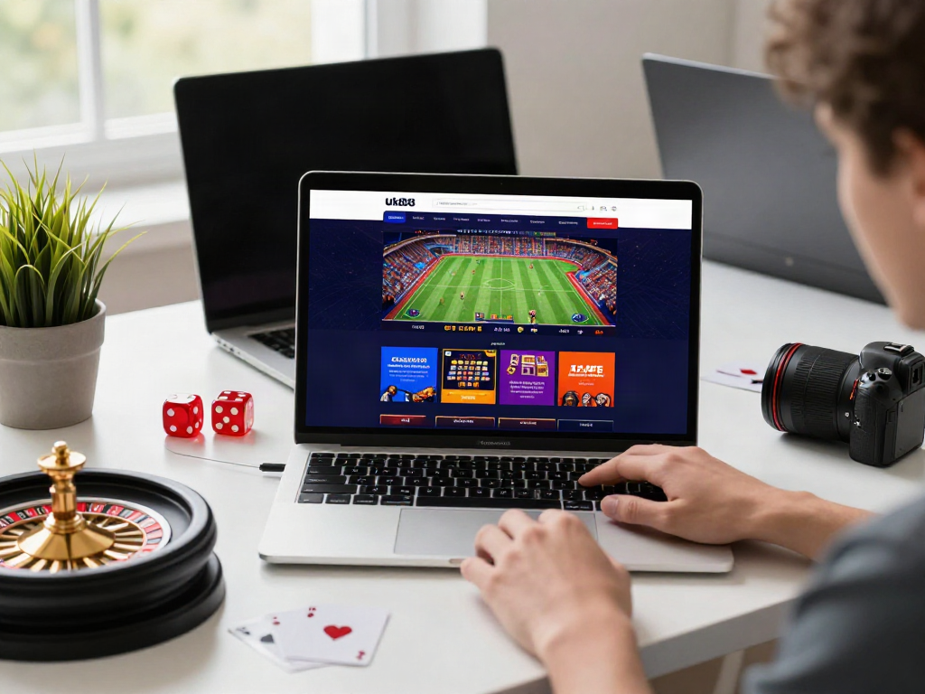 Engaging online betting scene with Uk88 platform on laptop and gaming elements