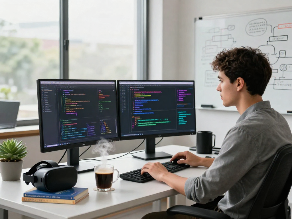 Innovative workspace scene featuring a developer programming with spicy ai technology in a modern office environment.