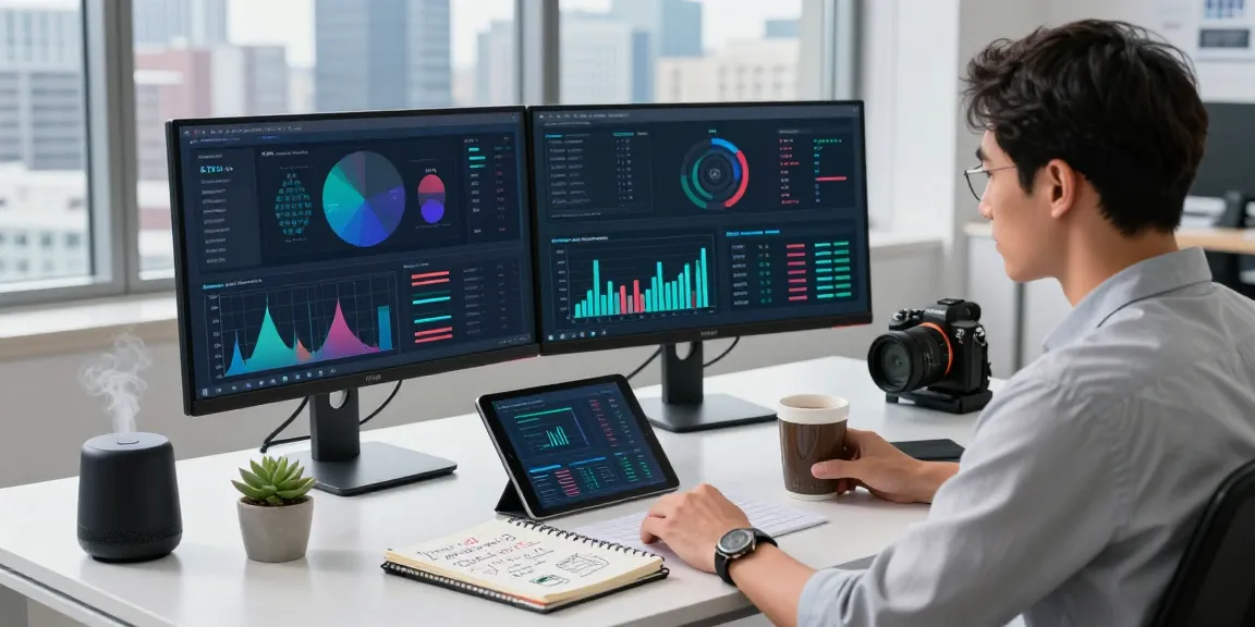 AI automation analytics in a modern office with vibrant graphs and dual monitors.