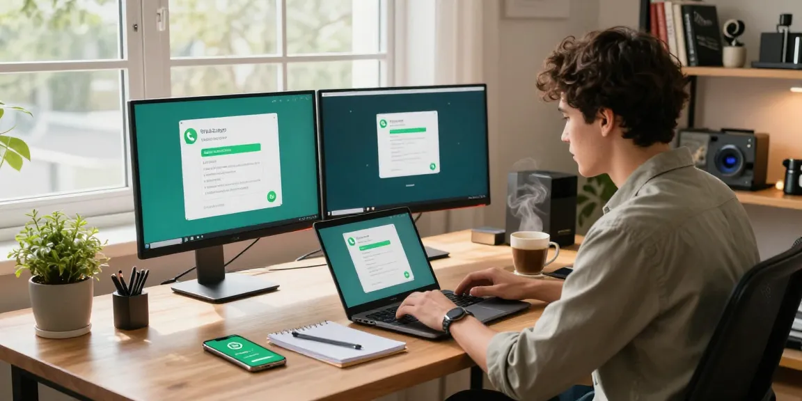 WhatsApp下載 in a modern workspace with a professional demonstrating app features on dual monitors.