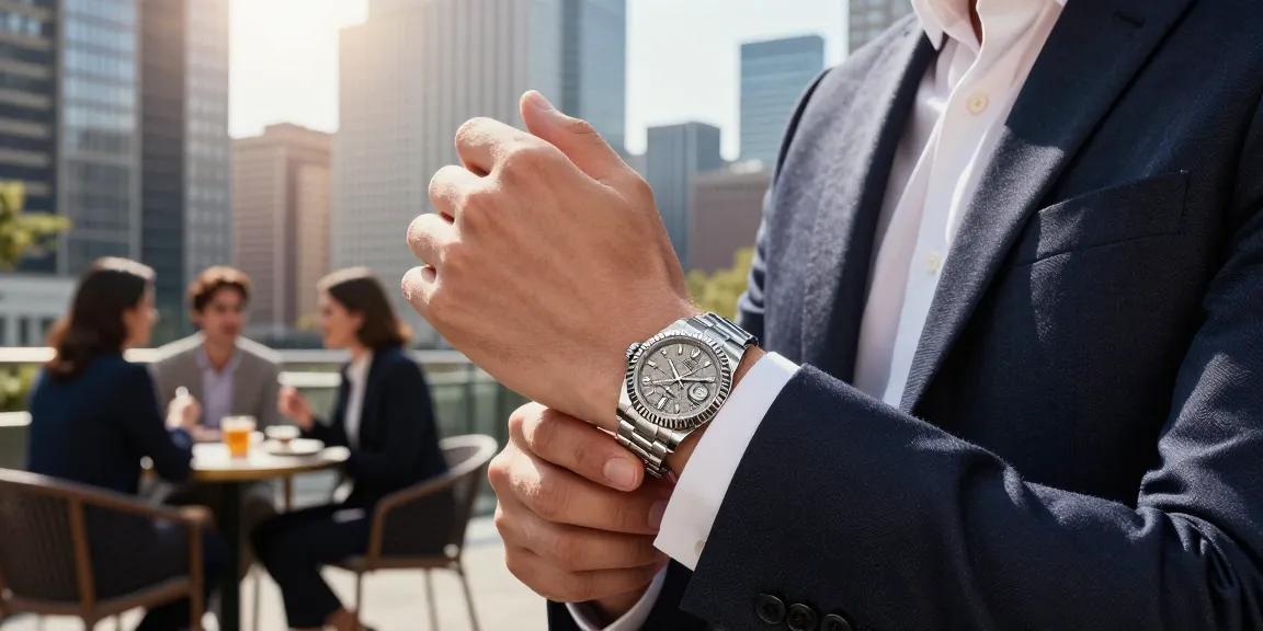 Elegant close-up of a Rolex super clone watch worn by a professional in an urban setting, showcasing luxury and sophistication.